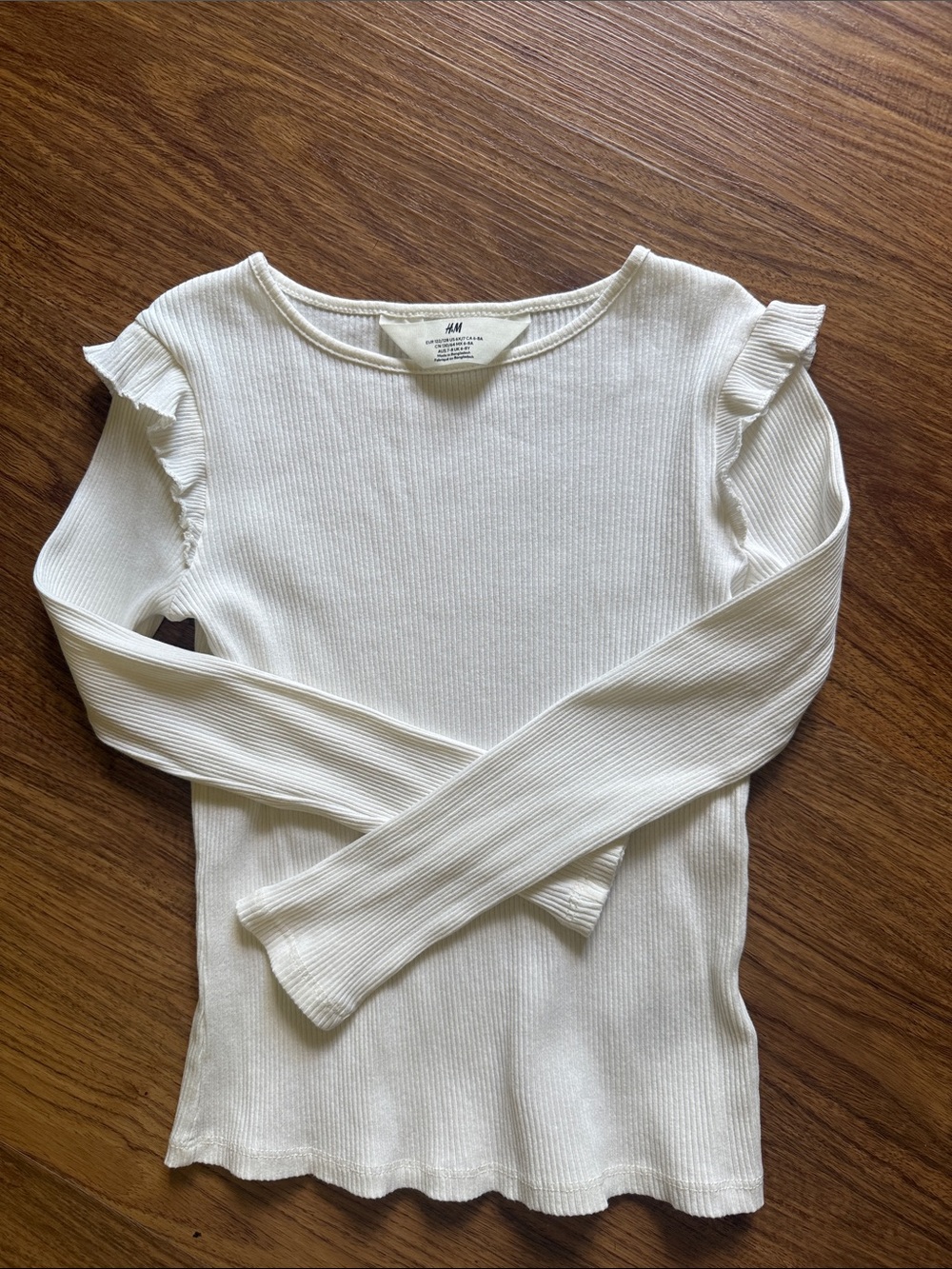 H&M White Ribbed Long Sleeve Top with Ruffle Shoulders